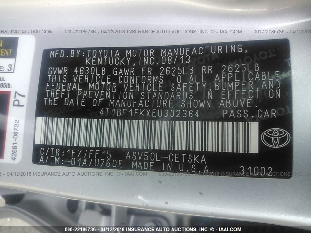 4T1BF1FKXEU302364 - 2014 TOYOTA CAMRY L/SE/LE/XLE SILVER photo 9