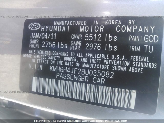 KMHGH4JF2BU035082 - 2011 HYUNDAI EQUUS SIGNATURE/ULTIMATE SILVER photo 9