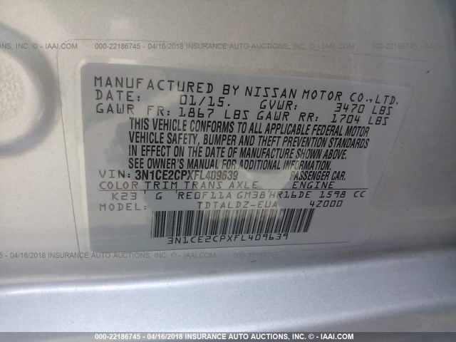 3N1CE2CPXFL409639 - 2015 NISSAN VERSA NOTE S/S PLUS/SV/SL/SR SILVER photo 9