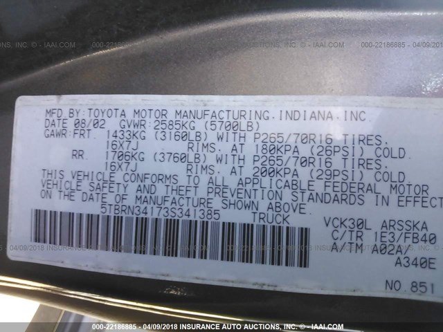 5TBRN34173S341385 - 2003 TOYOTA TUNDRA ACCESS CAB SR5 GRAY photo 9