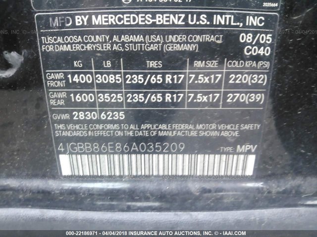 4JGBB86E86A035209 - 2006 MERCEDES-BENZ ML 350 BLACK photo 9