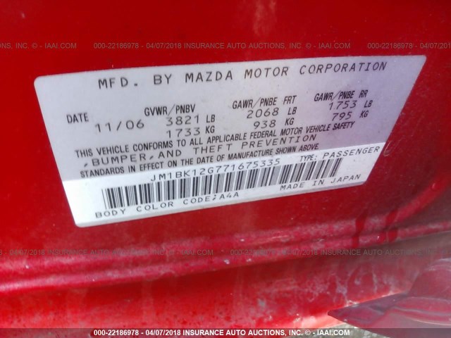 JM1BK12G771675335 - 2007 MAZDA 3 I RED photo 9