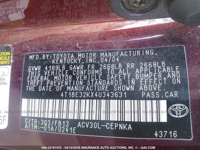 4T1BE32KX4U343631 - 2004 TOYOTA CAMRY LE/XLE/SE მუქწითელი ფოტო 9