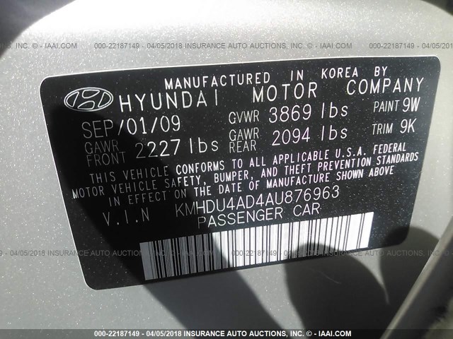 KMHDU4AD4AU876963 - 2010 HYUNDAI ELANTRA BLUE/GLS/SE BEIGE photo 9