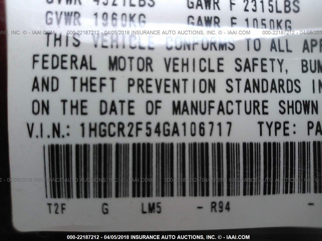 1HGCR2F54GA106717 - 2016 HONDA ACCORD SPORT 红色 照片 9