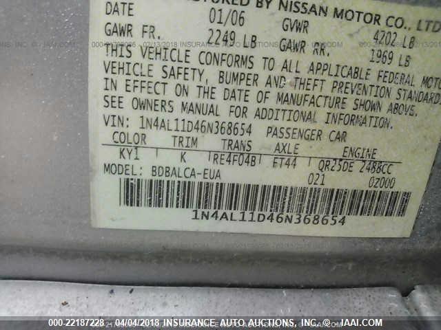 1N4AL11D46N368654 - 2006 NISSAN ALTIMA S/SL SILVER photo 9