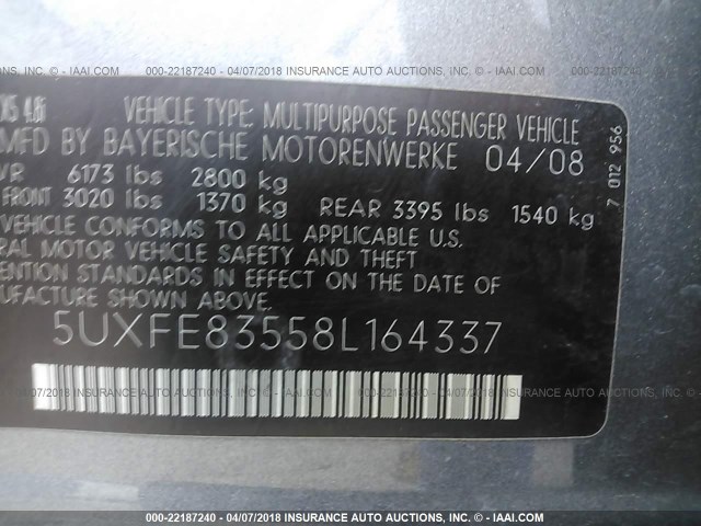 5UXFE83558L164337 - 2008 BMW X5 4.8I GRAY photo 9