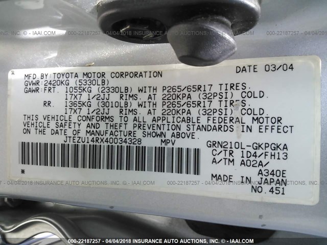 JTEZU14RX40034328 - 2004 TOYOTA 4RUNNER SR5/SPORT SILVER photo 9