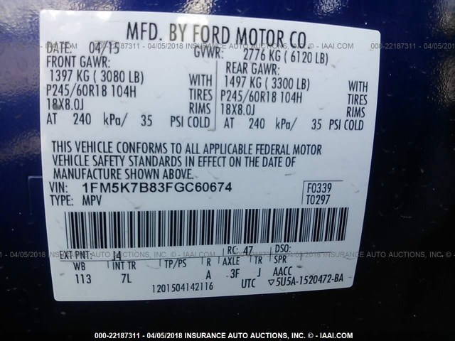 1FM5K7B83FGC60674 - 2015 FORD EXPLORER BLUE photo 9