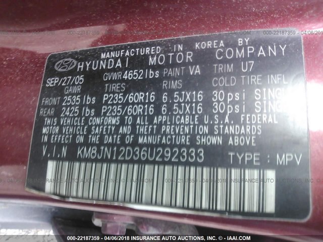 KM8JN12D36U292333 - 2006 HYUNDAI TUCSON GLS/LIMITED RED photo 9