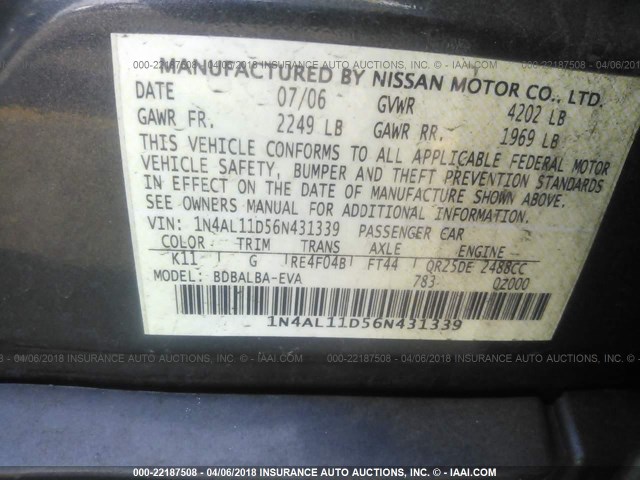 1N4AL11D56N431339 - 2006 NISSAN ALTIMA S/SL GRAY photo 9