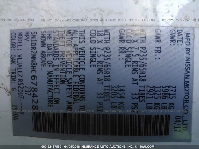 5N1DR2MN8HC678428 - 2017 NISSAN PATHFINDER S/SV/SL/PLATINUM 白色 照片 9