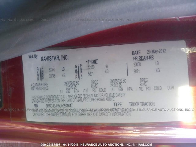 3HSDJSJR5DN238647 - 2013 INTERNATIONAL PROSTAR أحمر صورة 10