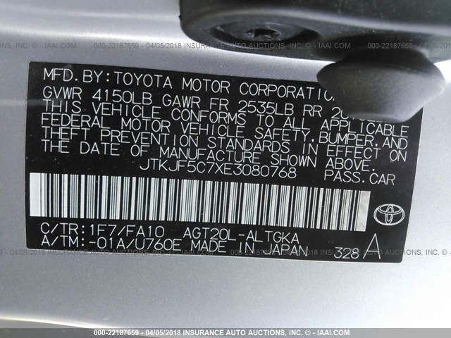 JTKJF5C7XE3080768 - 2014 TOYOTA SCION TC 银色 照片 9