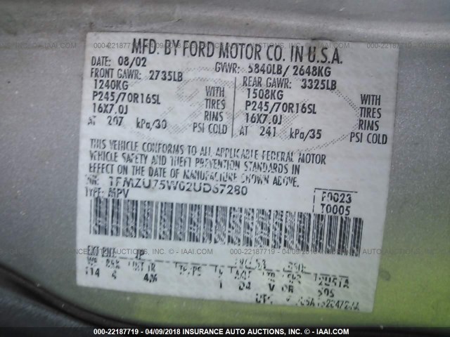 1FMZU75W02UD67280 - 2002 FORD EXPLORER LIMITED 银色 照片 9