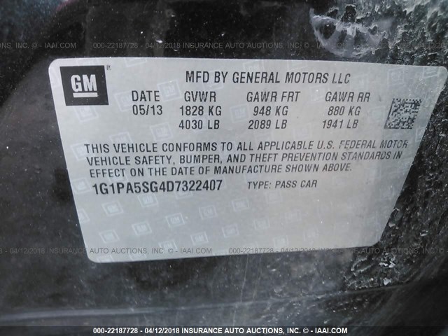 1G1PA5SG4D7322407 - 2013 CHEVROLET CRUZE LS أسود صورة 9