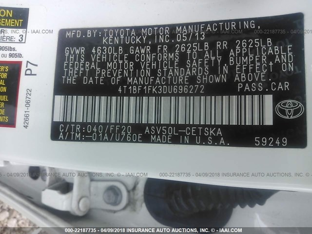 4T1BF1FK3DU696272 - 2013 TOYOTA CAMRY L/SE/LE/XLE 白色 照片 9