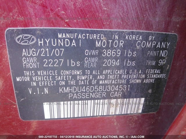 KMHDU46D58U304531 - 2008 HYUNDAI ELANTRA GLS/SE/LIMITED RED photo 9