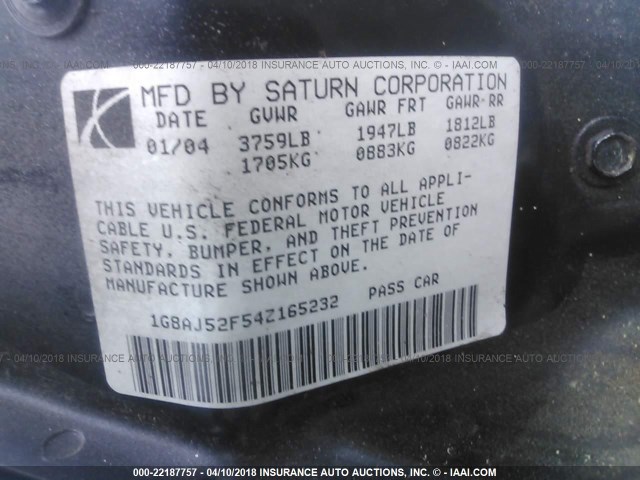 1G8AJ52F54Z165232 - 2004 SATURN ION LEVEL 2 GOLD photo 9
