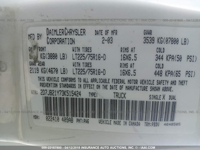 2D7JB21Y73K515424 - 2003 DODGE RAM VAN B2500 WHITE photo 9