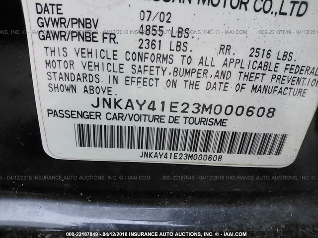 JNKAY41E23M000608 - 2003 INFINITI M45 BLACK photo 9