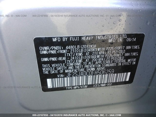 JF2SJADC0FH506259 - 2015 SUBARU FORESTER 2.5I PREMIUM SILVER photo 9