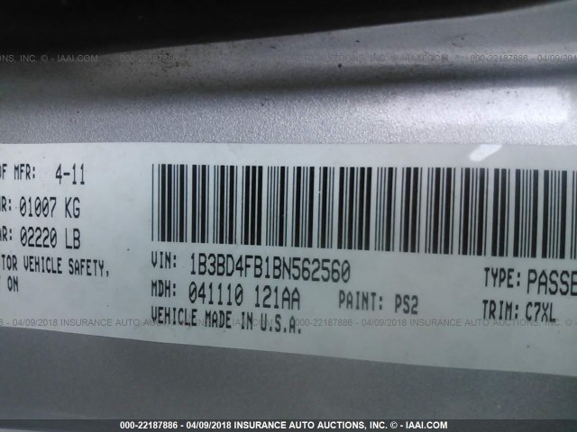 1B3BD4FB1BN562560 - 2011 DODGE AVENGER EXPRESS SILVER photo 9