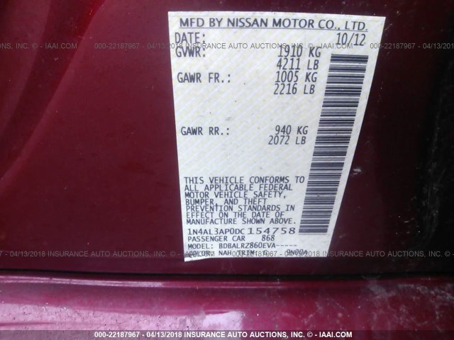 1N4AL3AP0DC154758 - 2013 NISSAN ALTIMA 2.5/S/SV/SL MAROON photo 9