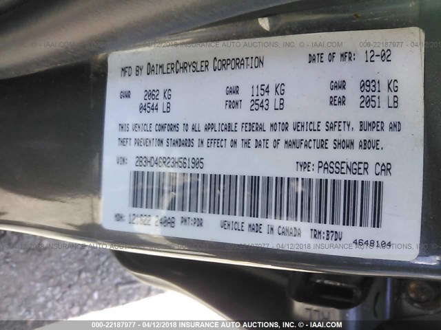 2B3HD46R23H561905 - 2003 DODGE INTREPID SE GRAY photo 9