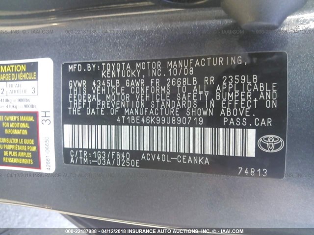 4T1BE46K99U890719 - 2009 TOYOTA CAMRY SE/LE/XLE GRAY photo 9