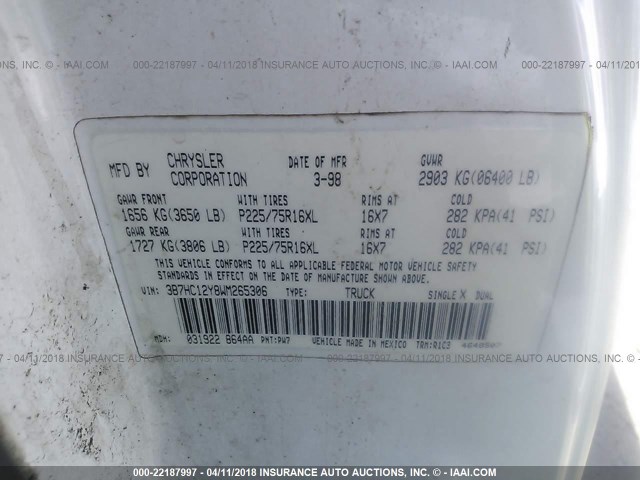 3B7HC12Y8WM265306 - 1998 DODGE RAM 1500 WHITE photo 9