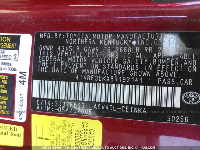 4T4BF3EKXBR192141 - 2011 TOYOTA CAMRY SE/LE/XLE RED photo 9