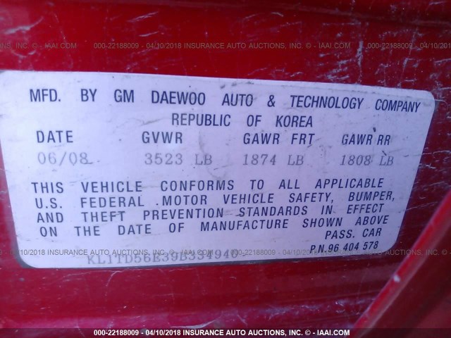 KL1TD56E39B334940 - 2009 CHEVROLET AVEO LS/LT 红色 照片 9