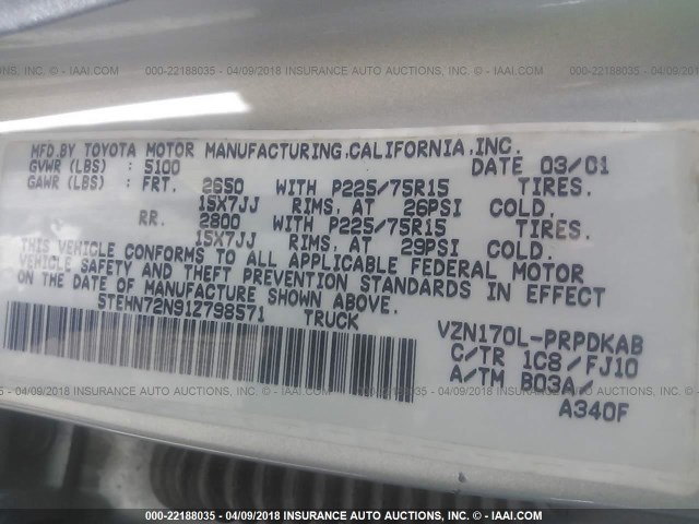 5TEHN72N91Z798571 - 2001 TOYOTA TACOMA DOUBLE CAB 银色 照片 9