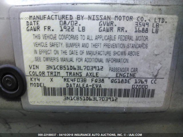 3N1CB51D63L703912 - 2003 NISSAN SENTRA XE/GXE SILVER photo 9