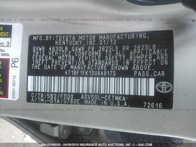 4T1BF1FK1DU649175 - 2013 TOYOTA CAMRY L/SE/LE/XLE 棕色 照片 9