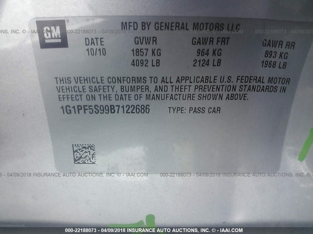 1G1PF5S99B7122686 - 2011 CHEVROLET CRUZE LT SILVER photo 9