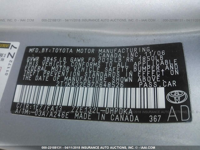 2T1KR32E97C648526 - 2007 TOYOTA COROLLA MATRIX XR SILVER photo 9