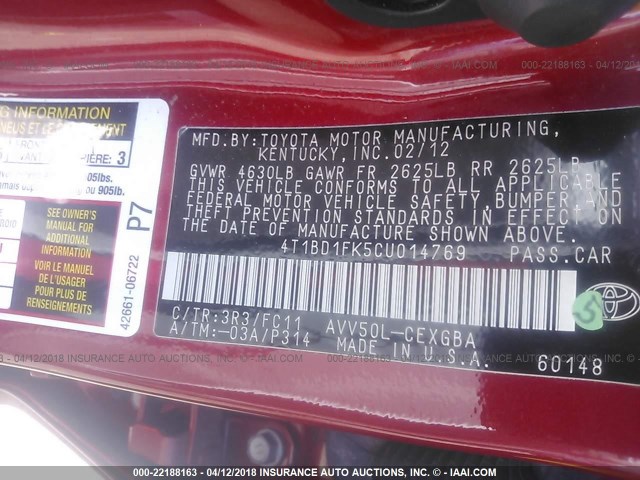 4T1BD1FK5CU014769 - 2012 TOYOTA CAMRY HYBRID/LE/XLE 红色 照片 9