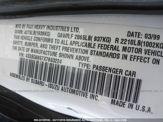 4S3BG6857X7653224 - 1999 SUBARU LEGACY OUTBACK/SSV/LIMITED/30TH WHITE photo 9