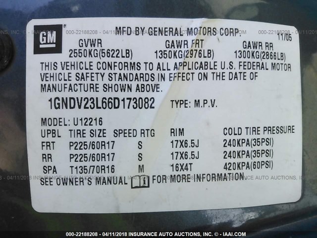 1GNDV23L66D173082 - 2006 CHEVROLET UPLANDER LS BLUE photo 9