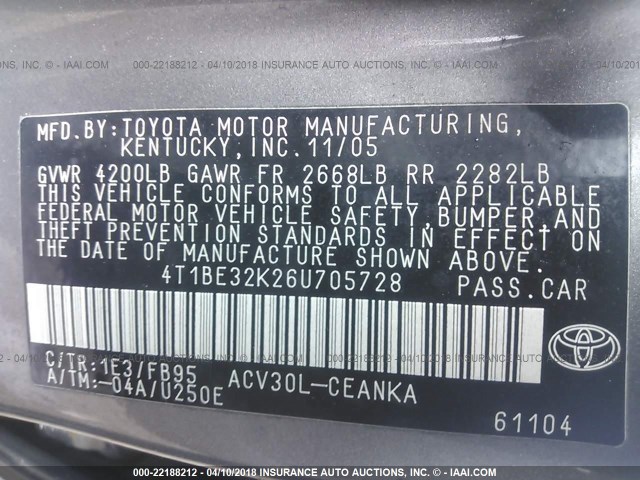 4T1BE32K26U705728 - 2006 TOYOTA CAMRY LE/XLE/SE GRAY photo 9