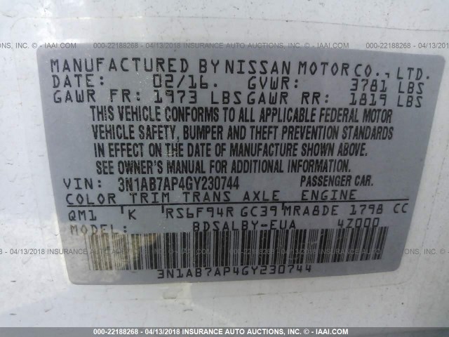 3N1AB7AP4GY230744 - 2016 NISSAN SENTRA S/SV/SR/SL WHITE photo 9