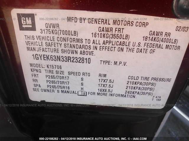 1GYEK63N33R232810 - 2003 CADILLAC ESCALADE LUXURY Qırmızı foto 9