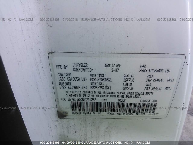 3B7HC16Y3WM211258 - 1998 DODGE RAM 1500 WHITE photo 9