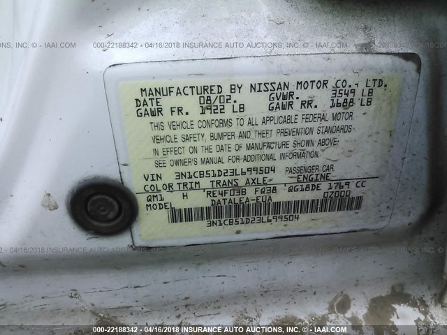 3N1CB51D23L699504 - 2003 NISSAN SENTRA XE/GXE WHITE photo 9