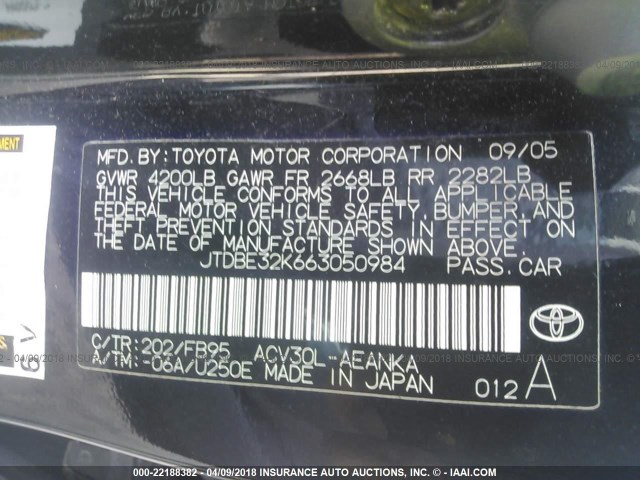JTDBE32K663050984 - 2006 TOYOTA CAMRY LE/XLE BLACK photo 9