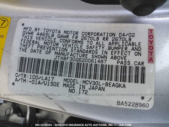 JTHBF30G620061487 - 2002 LEXUS ES 300 SILVER photo 9