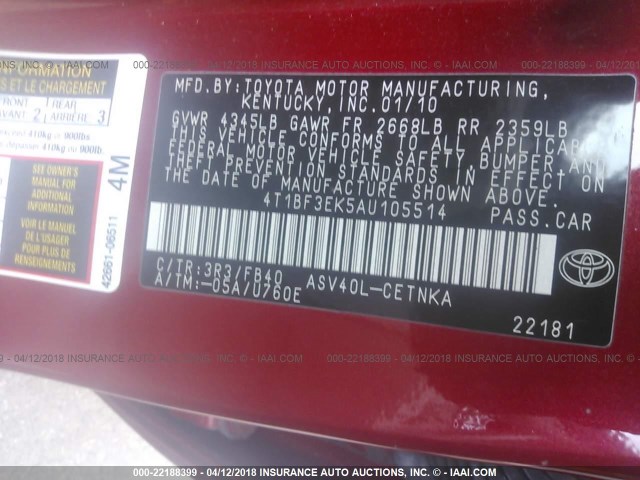 4T1BF3EK5AU105514 - 2010 TOYOTA CAMRY SE/LE/XLE RED photo 9