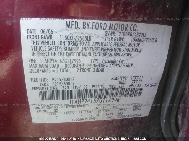 1FAHP24157G117996 - 2007 FORD FIVE HUNDRED SEL RED photo 9